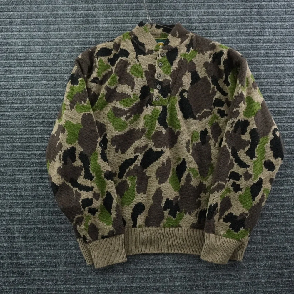 Vintage Cabelas Henley Sweater L Camouflage Gore Windstopper Knit Made in USA